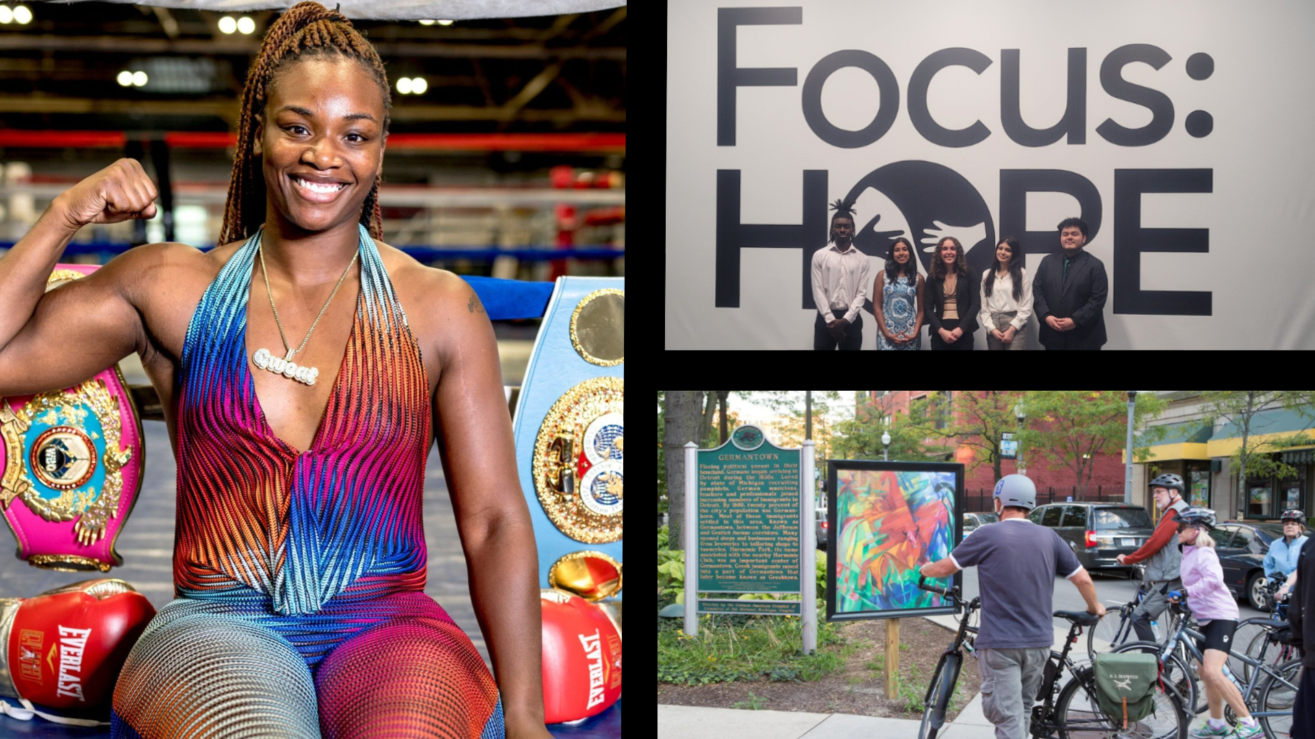 Bank of America's Initiative for Detroit Youth: "Photo of aspirational, diverse high school students engaging in an interactive workshop, representing Bank of America’s 2024 Student Leaders® internship program aimed at empowering Detroit area youth with career-building opportunities." Claressa Shields' Upcoming Fight in Detroit: "Dynamic image of Claressa 'GWOAT' Shields in her boxing stance, exuding confidence and readiness for her historic fight on July 27, 2024, against Vanessa Lepage-Joanisse at Little Caesar's Arena in Detroit." Call for Inside|Out Program Applicants by DIA: "Bright and inviting poster-style image announcing the Detroit Institute of Arts' 2025 Inside|Out program, calling for applications with a deadline of August 15, 2024, aimed at bringing world-class art to local neighborhoods." Detroit's Rental Ordinance Reform Effort: "Illustrative image highlighting the contrast in Detroit's housing stock, showcasing both well-kept homes and those in disrepair, to underscore the city's mission to reform rental ordinances and ensure safe housing for all residents." 36th District Court's Amnesty Program: "Empathetic image of a relieved and hopeful Detroit resident, symbolizing the financial relief offered through the 36th District Court’s amnesty program, which waives late fees and penalties for full payments made by August 2, 2024." Michigan Chronicle's Social Media Invitation: "Collage of engaging, lively discussions and top story highlights from the Michigan Chronicle’s social media platforms, inviting readers to join the conversation and stay updated on impactful stories from Detroit and beyond."